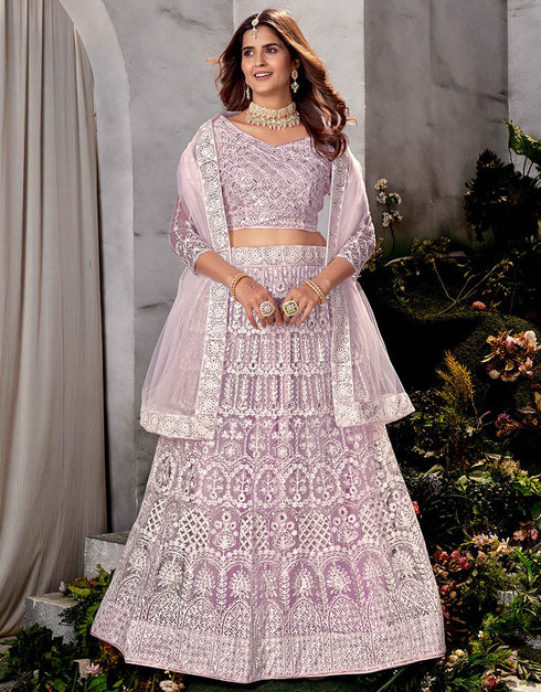 Traditional Designear Party Wear Heavy Net Lehenga Choli Collection Lavender Net Lehenga Choli Front View